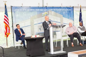 Elbit America President and CEO Raanan Horowitz addresses guests from the lectern at a groundbreaking ceremony on April 6, 2022 in North Charleston, South Carolina.